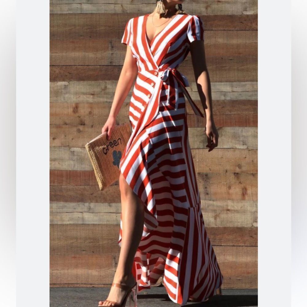 Bamboo Apparel striped adjustable waist wrap ruffle maxi dress size Med NWOT